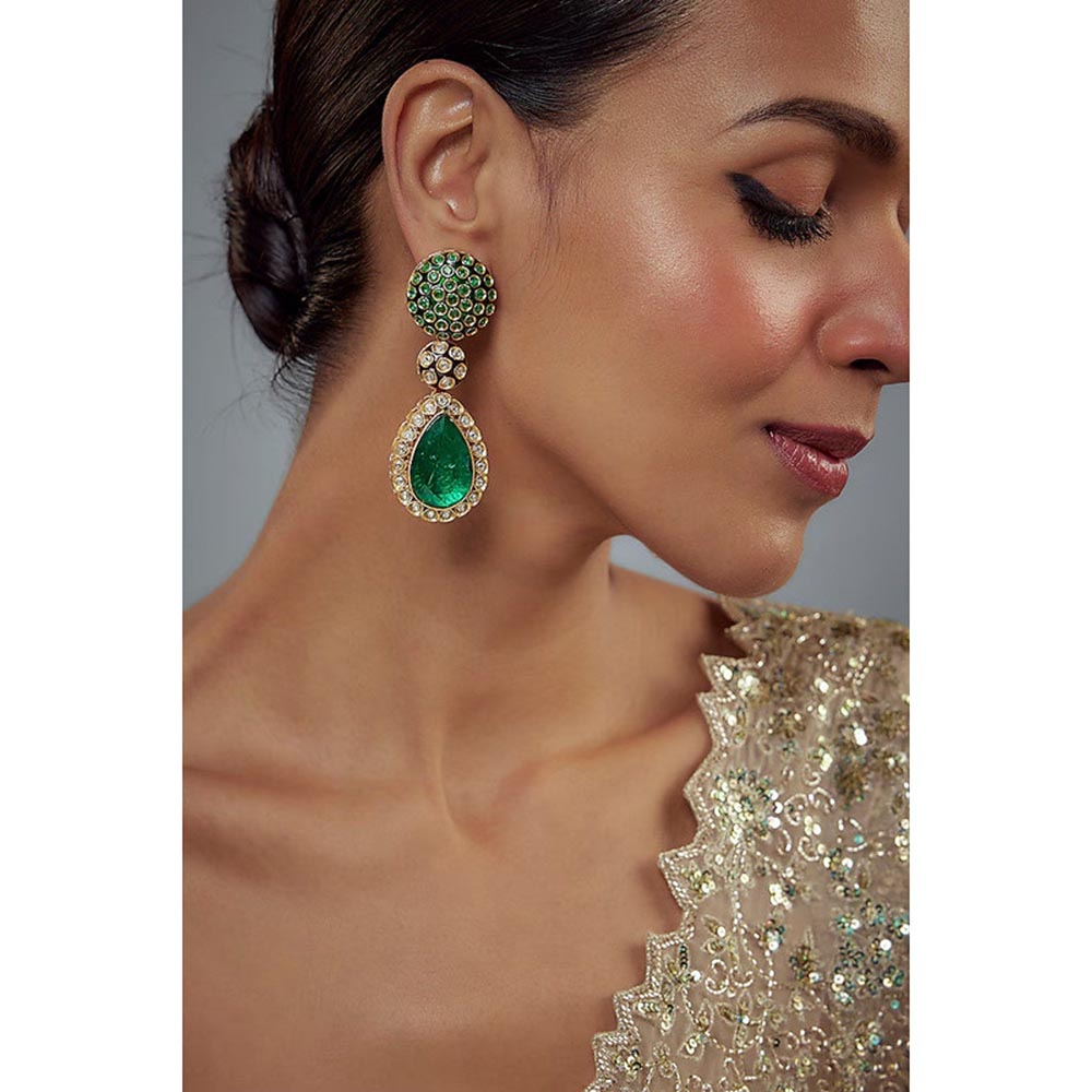 VIVINIA By Vidhi Mehra Gold Plated Green Kundan Polki Womens Danglers Earrings