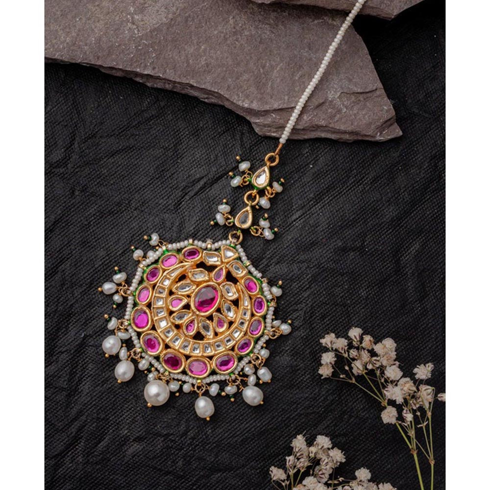 VIVINIA By Vidhi Mehra Gold Plated Pink Womens Kundan Polki Maangtikka