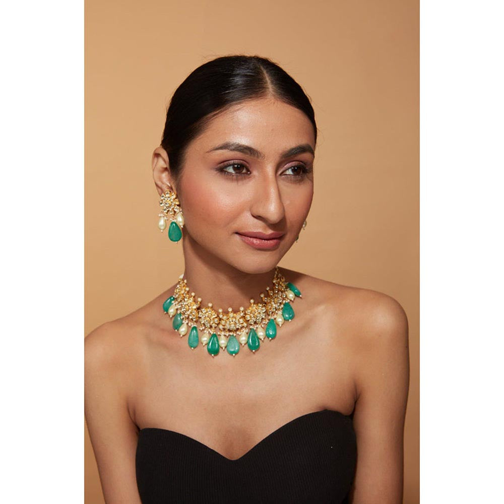VIVINIA By Vidhi Mehra Gold Plated Green Womens Pearl Choker Necklace Set With Earrings