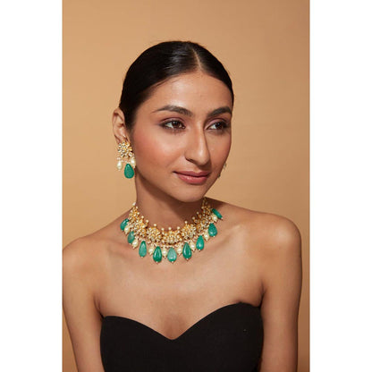 VIVINIA By Vidhi Mehra Gold Plated Green Womens Pearl Choker Necklace Set With Earrings