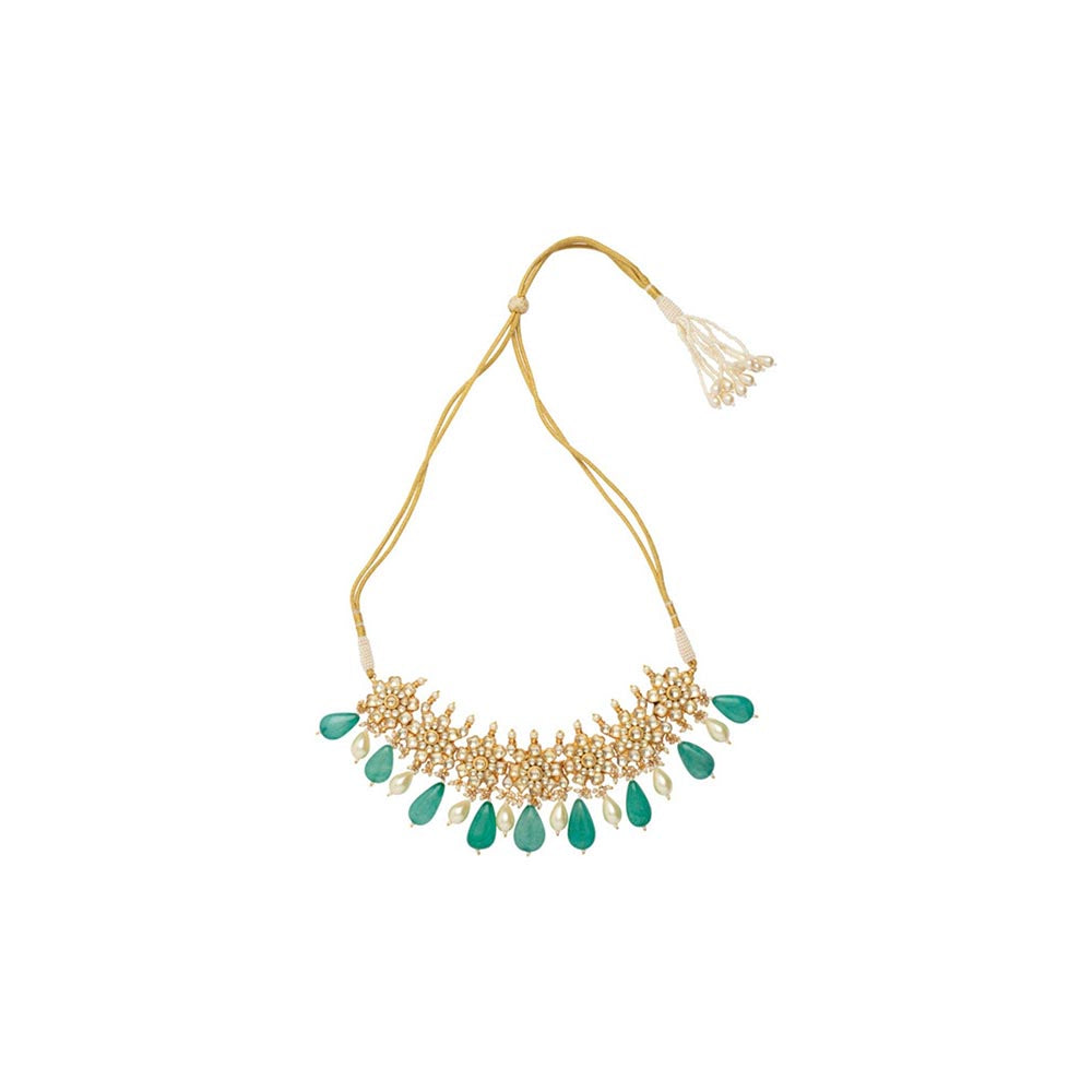 VIVINIA By Vidhi Mehra Gold Plated Green Womens Pearl Choker Necklace Set With Earrings