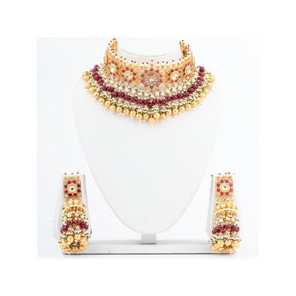 VIVINIA By Vidhi Mehra Gold Plated Red Womens Beads Choker Necklace Set With Earrings