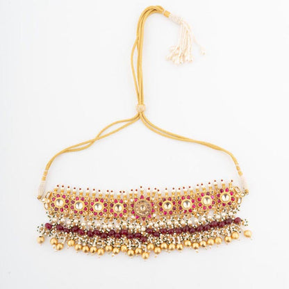 VIVINIA By Vidhi Mehra Gold Plated Red Womens Beads Choker Necklace Set With Earrings