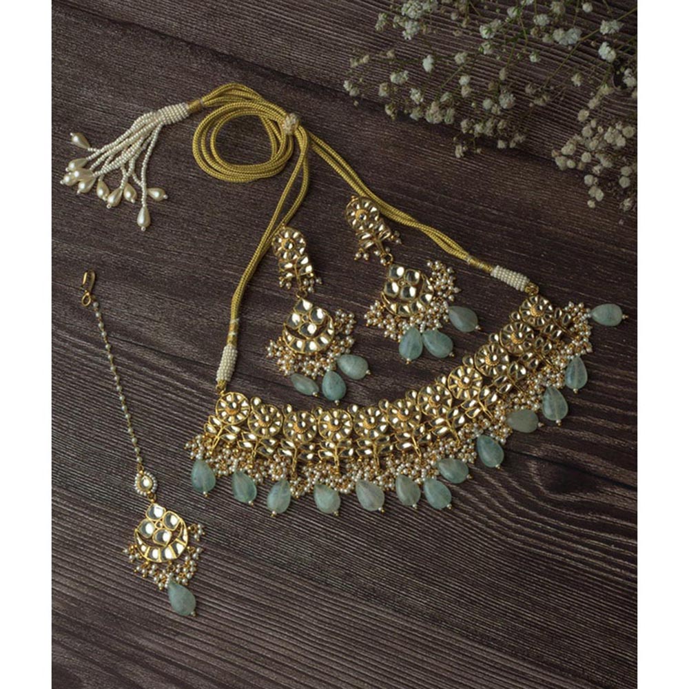 VIVINIA By Vidhi Mehra Gold Plated Green Womens Kundan Choker NecklaceSets