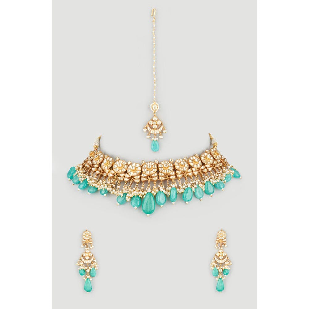 VIVINIA By Vidhi Mehra Gold Plated Green Womens Kundan Choker NecklaceSets