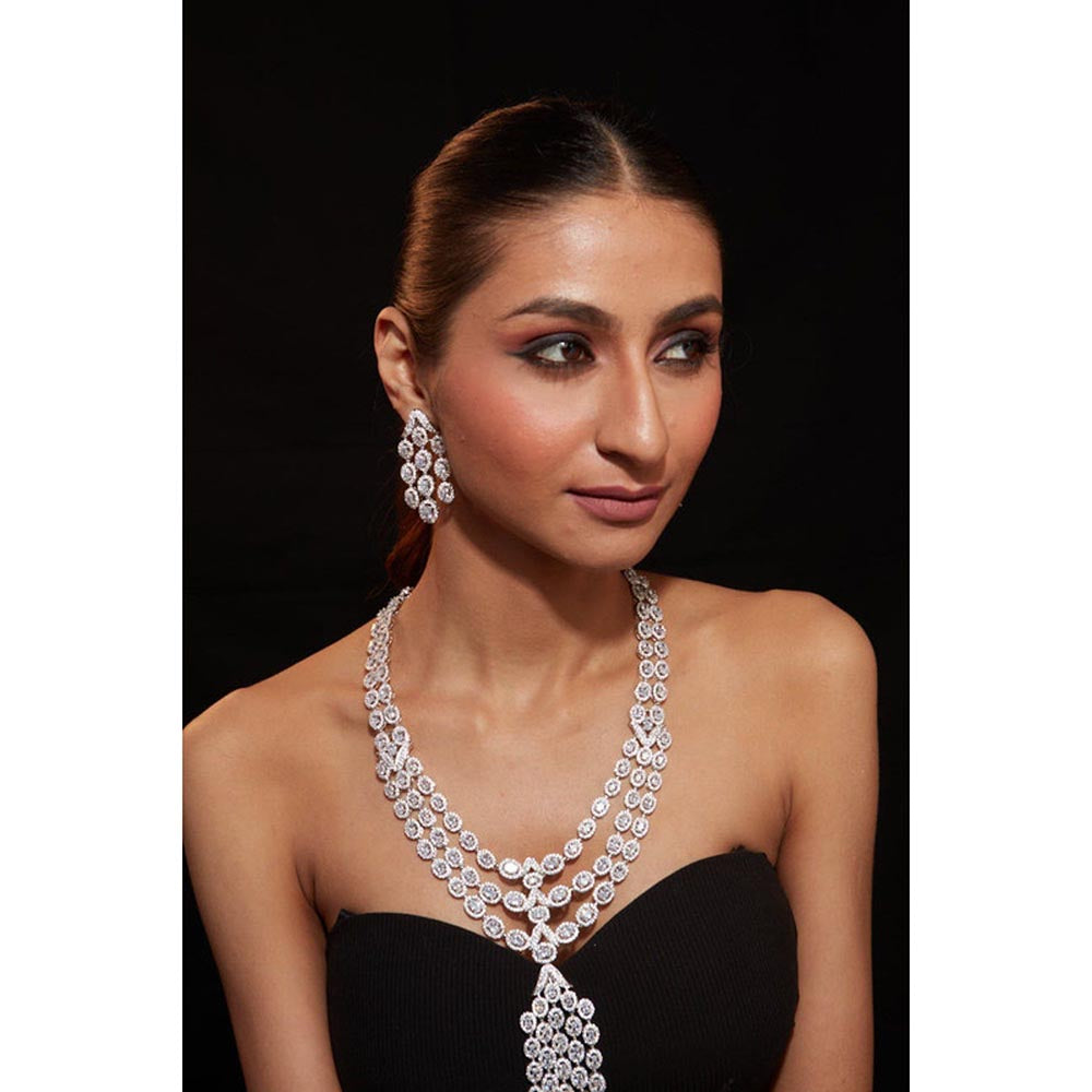 VIVINIA By Vidhi Mehra Silver Plated Womens Zircon Short Necklace Set With Earrings