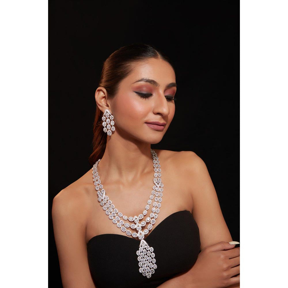 VIVINIA By Vidhi Mehra Silver Plated Womens Zircon Short Necklace Set With Earrings