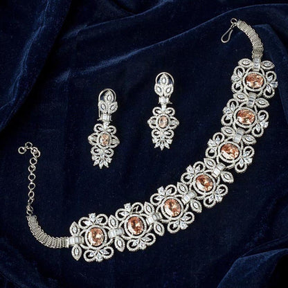 VIVINIA By Vidhi Mehra Silver Plated Yellow Womens Zircon Choker Necklace Set With Earrings