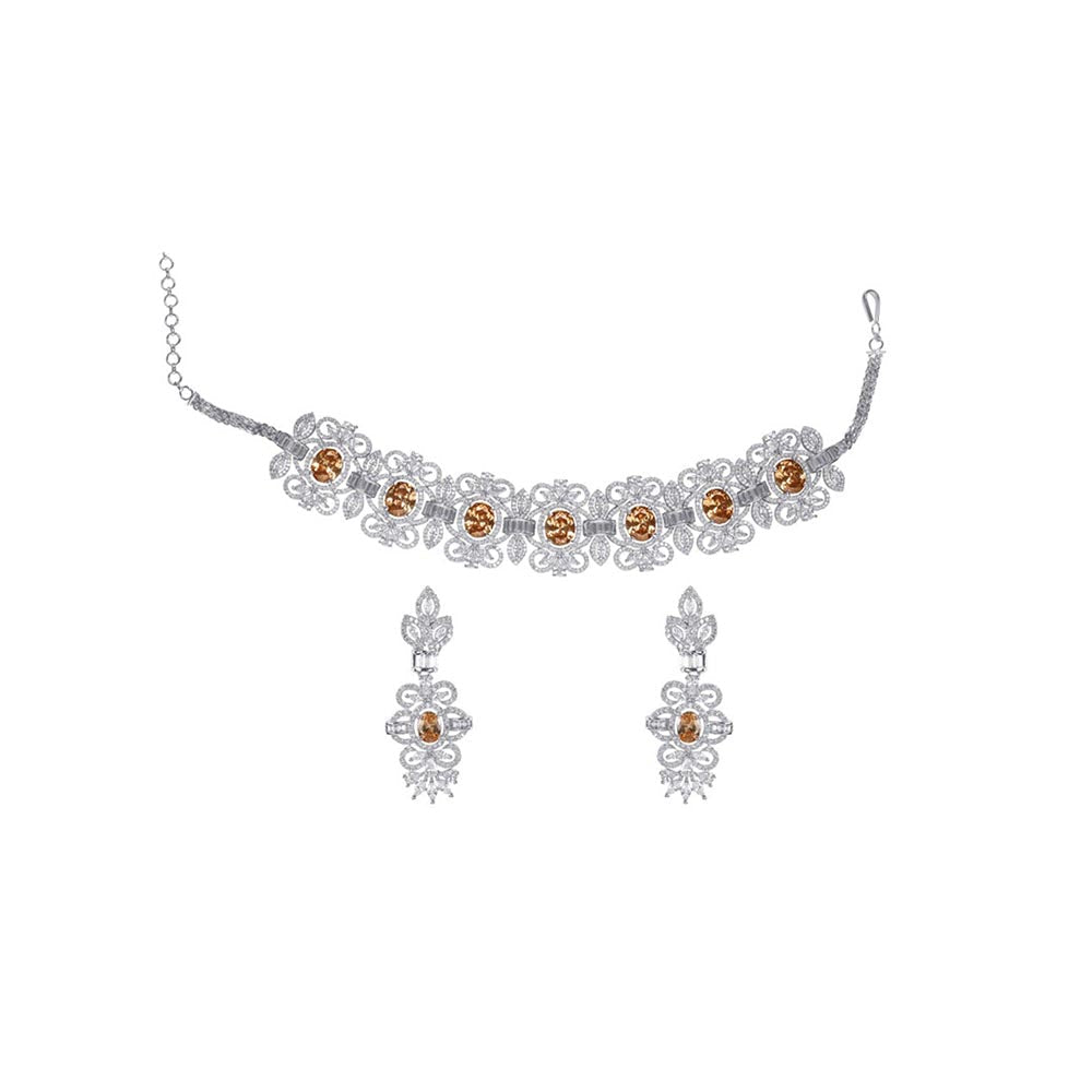 VIVINIA By Vidhi Mehra Silver Plated Yellow Womens Zircon Choker Necklace Set With Earrings