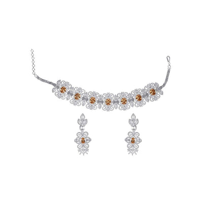 VIVINIA By Vidhi Mehra Silver Plated Yellow Womens Zircon Choker Necklace Set With Earrings