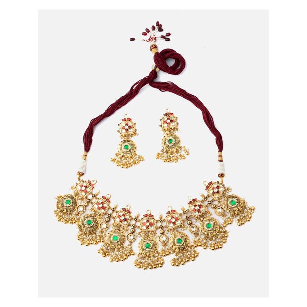 VIVINIA By Vidhi Mehra Gold Plated Green Womens Kundan Polki Necklace Set With Earrings
