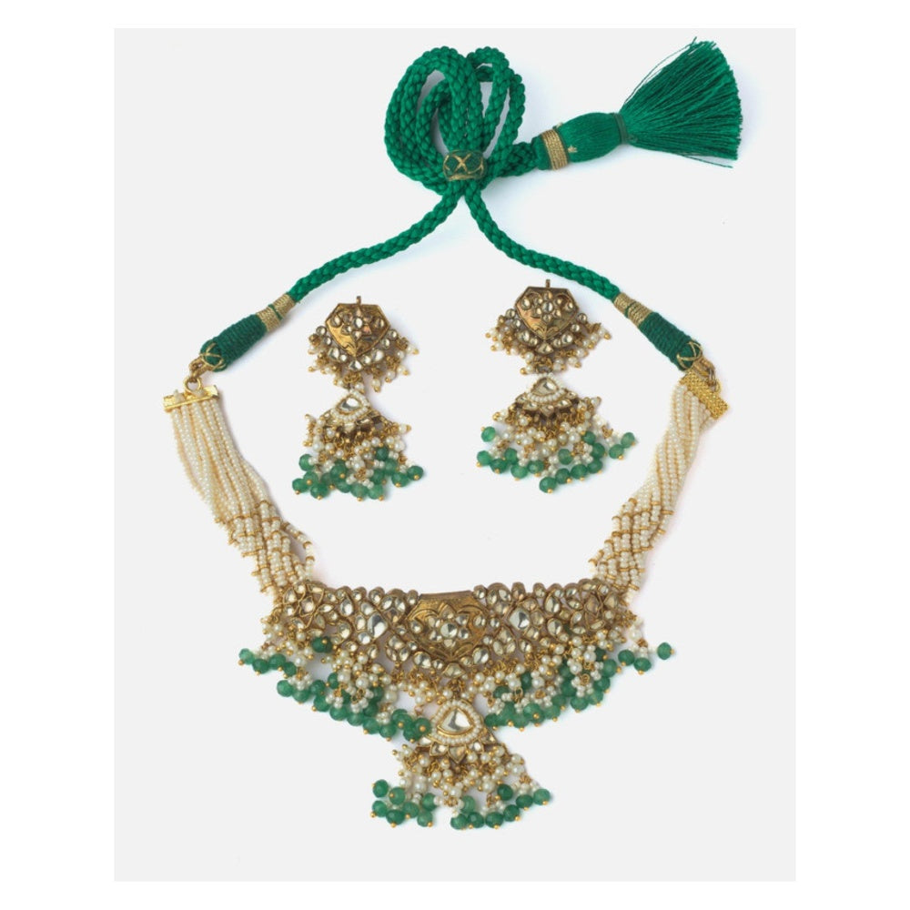VIVINIA By Vidhi Mehra Gold Plated Green Womens Choker Necklace Set With Earrings
