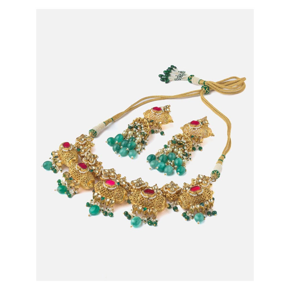 VIVINIA By Vidhi Mehra Saadgi Gold Plated Green Womens Choker Necklace Set With Earrings