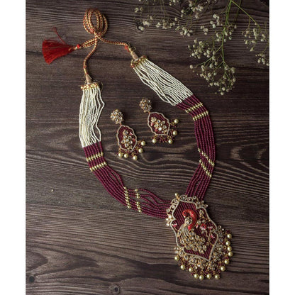 VIVINIA By Vidhi Mehra Gold Plated Red And White Womens Beads Long Necklace Set With Earrings