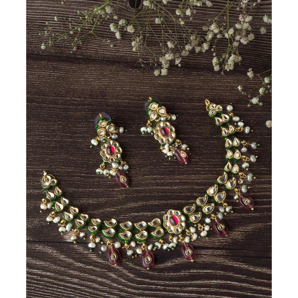 VIVINIA By Vidhi Mehra Gold Plated Pink Womens Kundan Short Necklace Set With Earrings