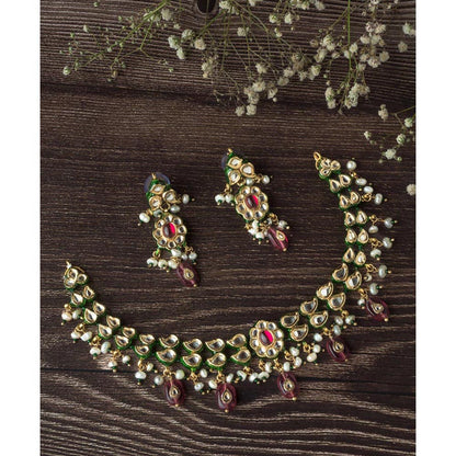 VIVINIA By Vidhi Mehra Gold Plated Pink Womens Kundan Short Necklace Set With Earrings