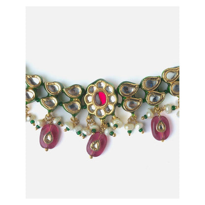 VIVINIA By Vidhi Mehra Gold Plated Pink Womens Kundan Short Necklace Set With Earrings