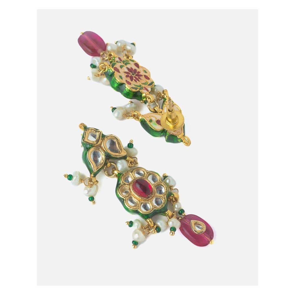 VIVINIA By Vidhi Mehra Gold Plated Pink Womens Kundan Short Necklace Set With Earrings