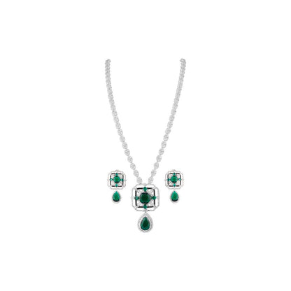 VIVINIA By Vidhi Mehra Silver Plated Green Womens Zircon Short Necklace Set With Earrings