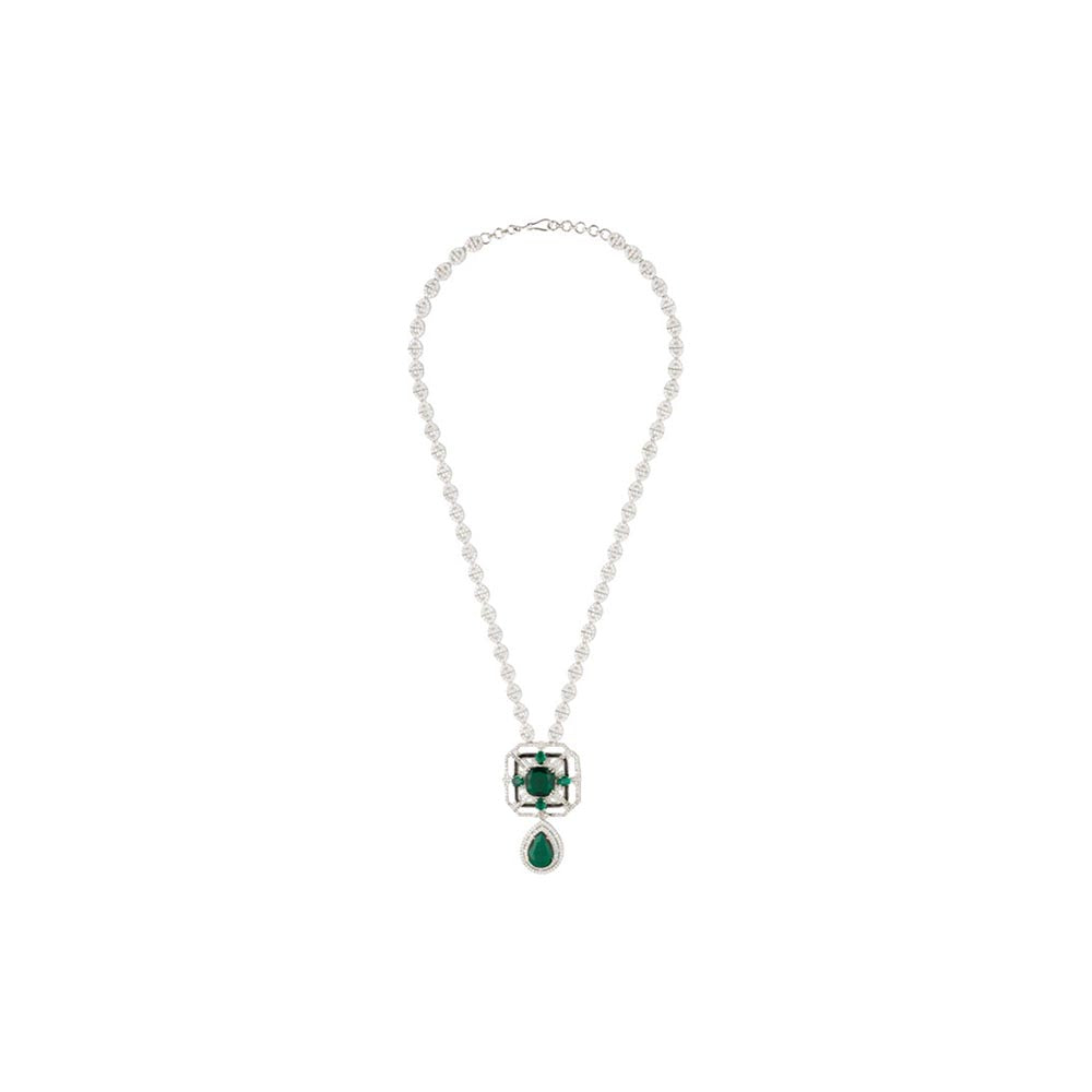 VIVINIA By Vidhi Mehra Silver Plated Green Womens Zircon Short Necklace Set With Earrings