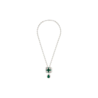 VIVINIA By Vidhi Mehra Silver Plated Green Womens Zircon Short Necklace Set With Earrings
