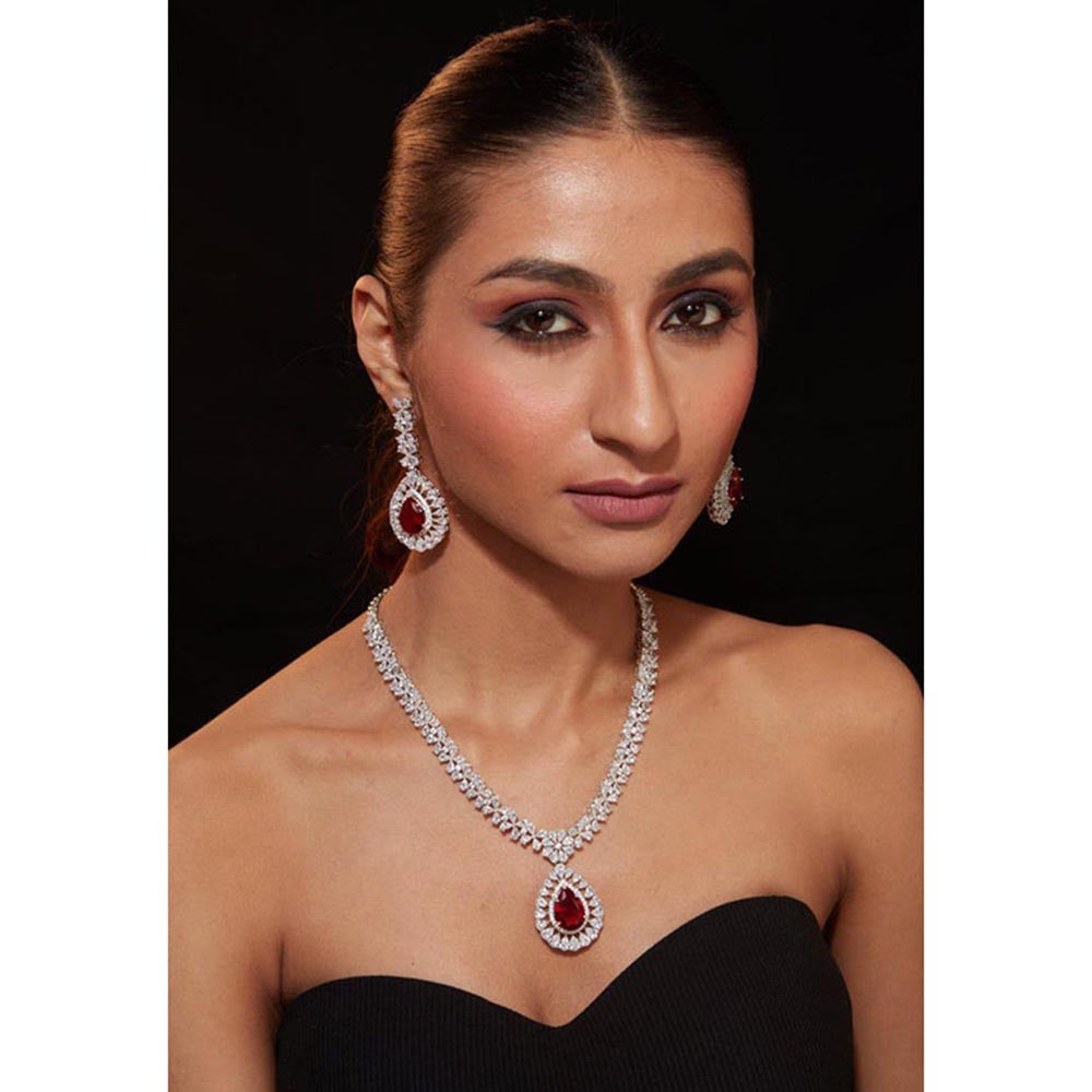 VIVINIA By Vidhi Mehra Silver Plated Red Womens Zircon Short Necklace Set With Earrings