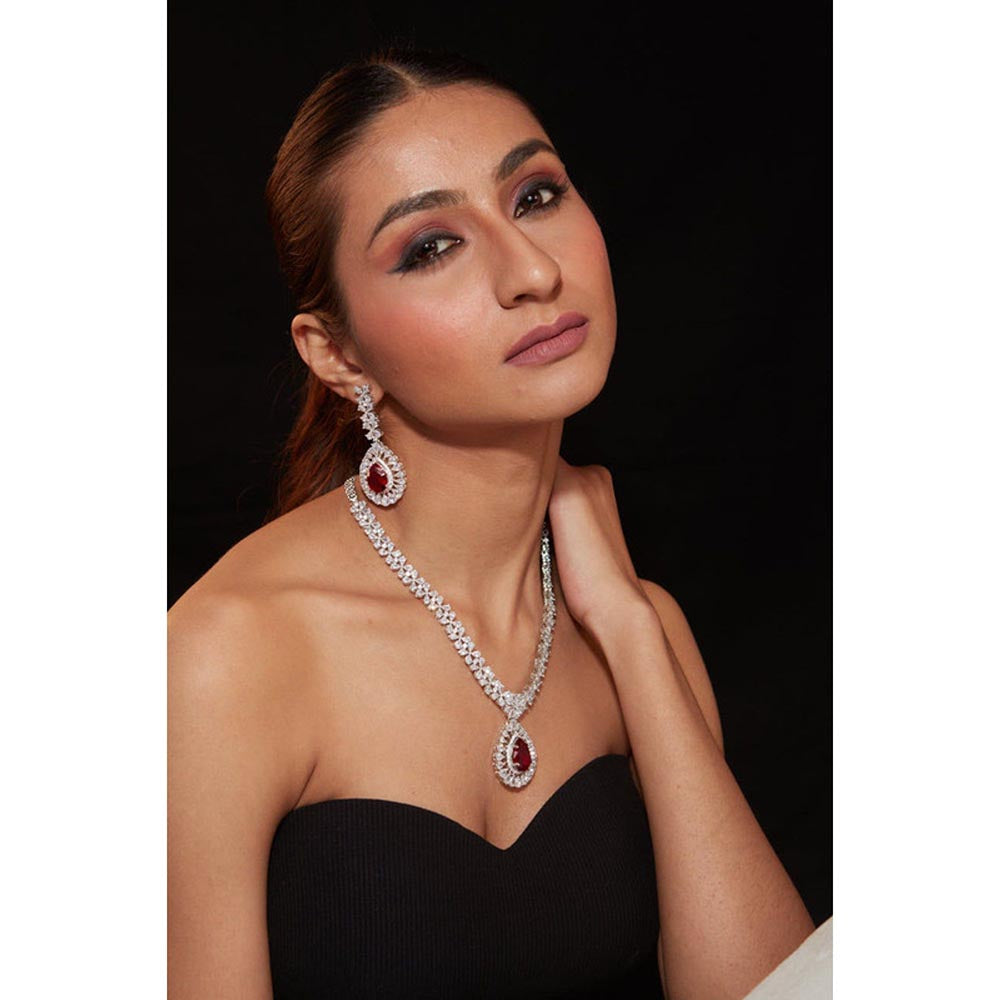 VIVINIA By Vidhi Mehra Silver Plated Red Womens Zircon Short Necklace Set With Earrings