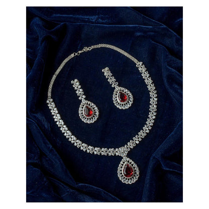 VIVINIA By Vidhi Mehra Silver Plated Red Womens Zircon Short Necklace Set With Earrings