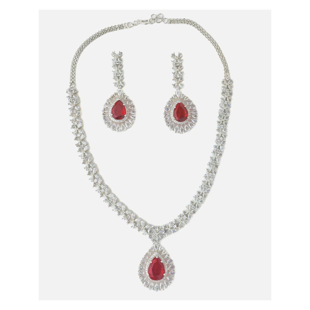 VIVINIA By Vidhi Mehra Silver Plated Red Womens Zircon Short Necklace Set With Earrings