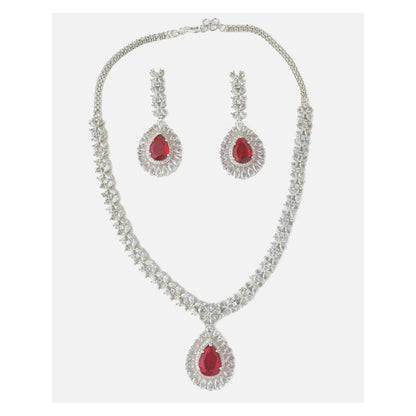 VIVINIA By Vidhi Mehra Silver Plated Red Womens Zircon Short Necklace Set With Earrings