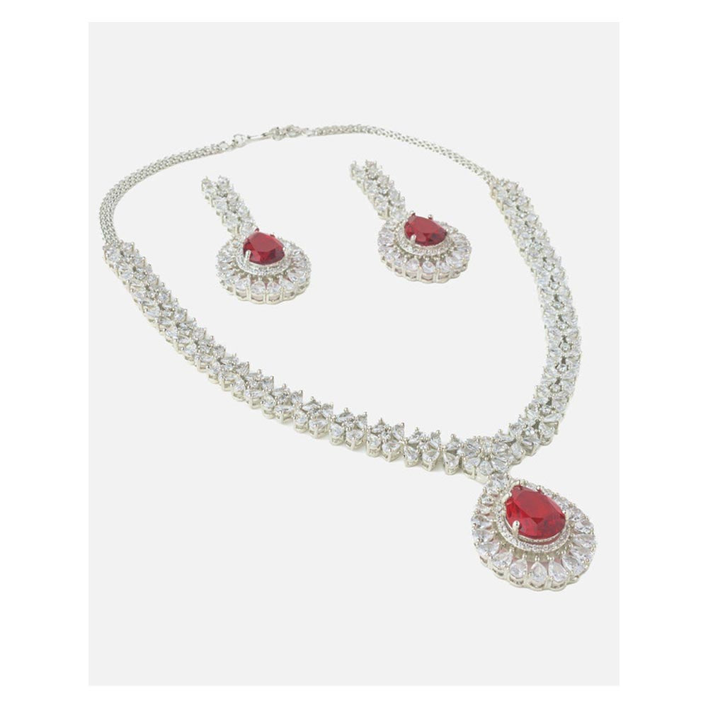 VIVINIA By Vidhi Mehra Silver Plated Red Womens Zircon Short Necklace Set With Earrings