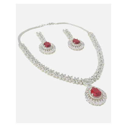VIVINIA By Vidhi Mehra Silver Plated Red Womens Zircon Short Necklace Set With Earrings