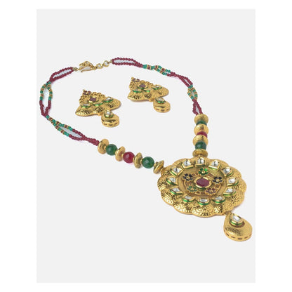 VIVINIA By Vidhi Mehra Gold Plated Red And Green Womens Synthetic Stone Long Necklace Sets