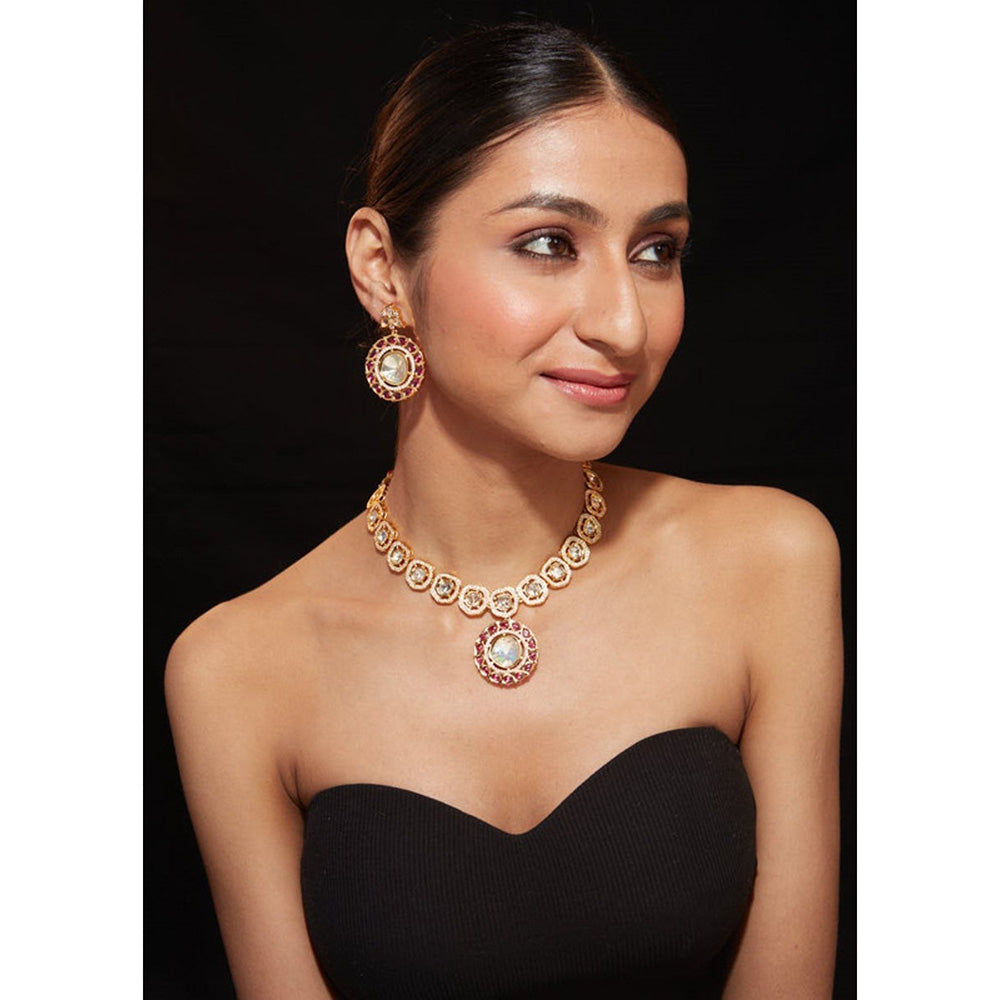 VIVINIA By Vidhi Mehra Aatman Gold Plated Pink Womens Synthetic Stone Necklace Set