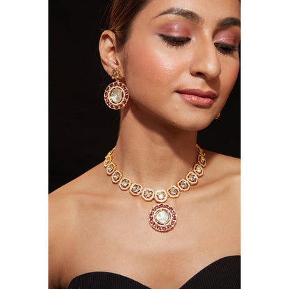 VIVINIA By Vidhi Mehra Aatman Gold Plated Pink Womens Synthetic Stone Necklace Set