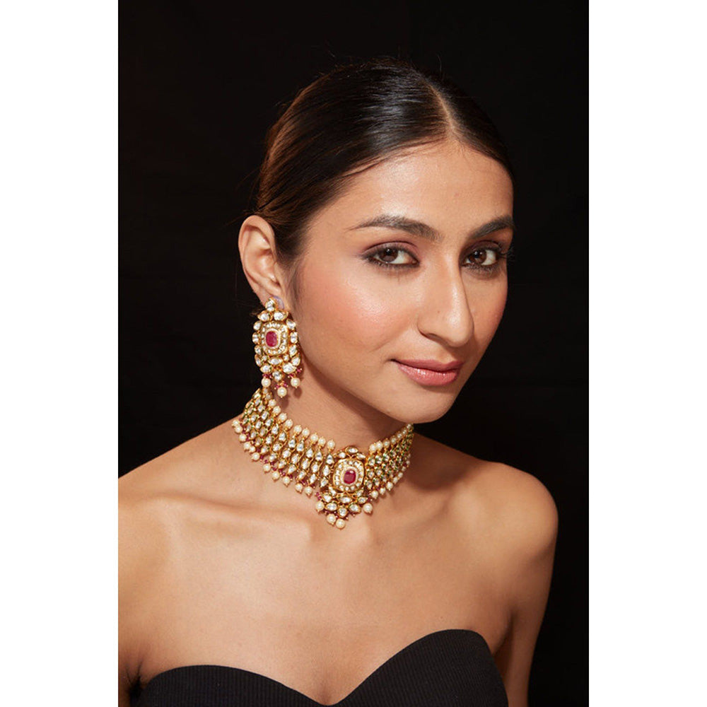 VIVINIA By Vidhi Mehra Aatman Gold Plated Red Womens Kundan Polki Necklace Set With Earrings