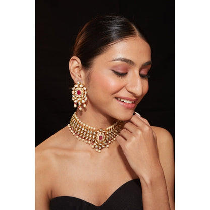 VIVINIA By Vidhi Mehra Aatman Gold Plated Red Womens Kundan Polki Necklace Set With Earrings
