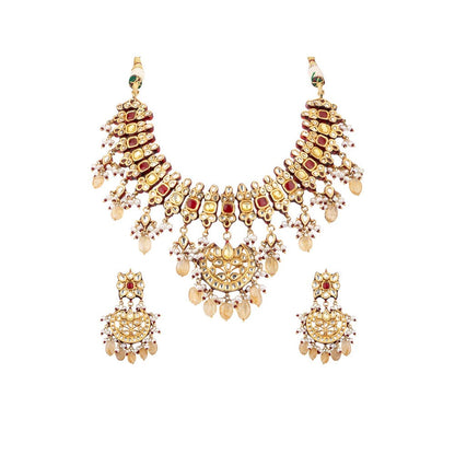 VIVINIA By Vidhi Mehra Gold Plated Yellow And Red Womens Kundan Choker Necklace Set