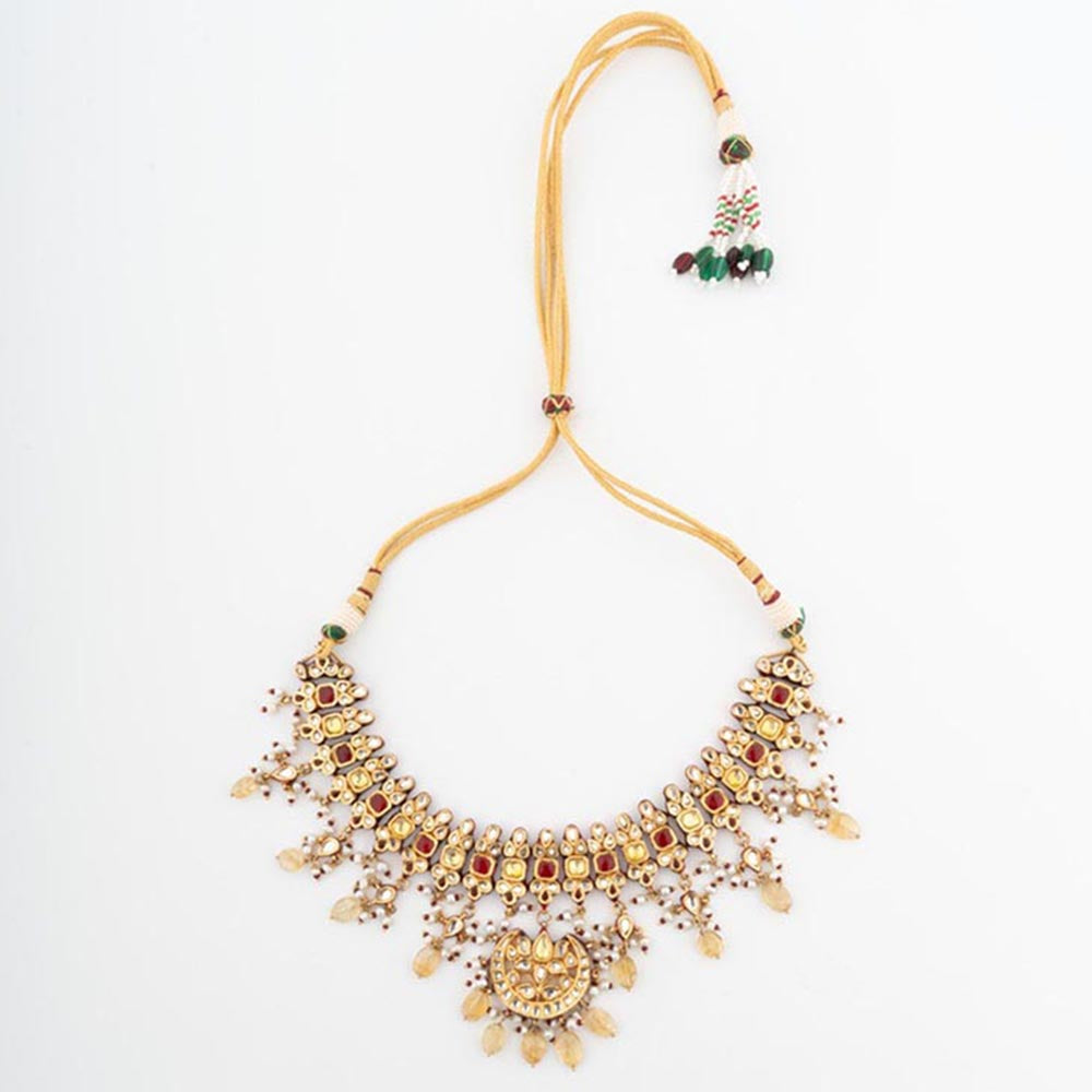 VIVINIA By Vidhi Mehra Gold Plated Yellow And Red Womens Kundan Choker Necklace Set