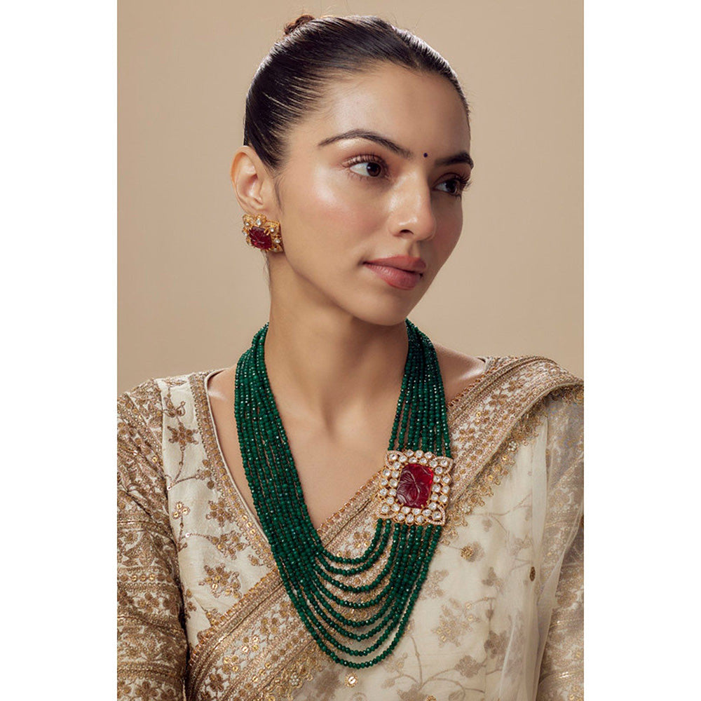 VIVINIA By Vidhi Mehra Antara Gold Plated Green Womens Kundan Polki Mala Necklace Set