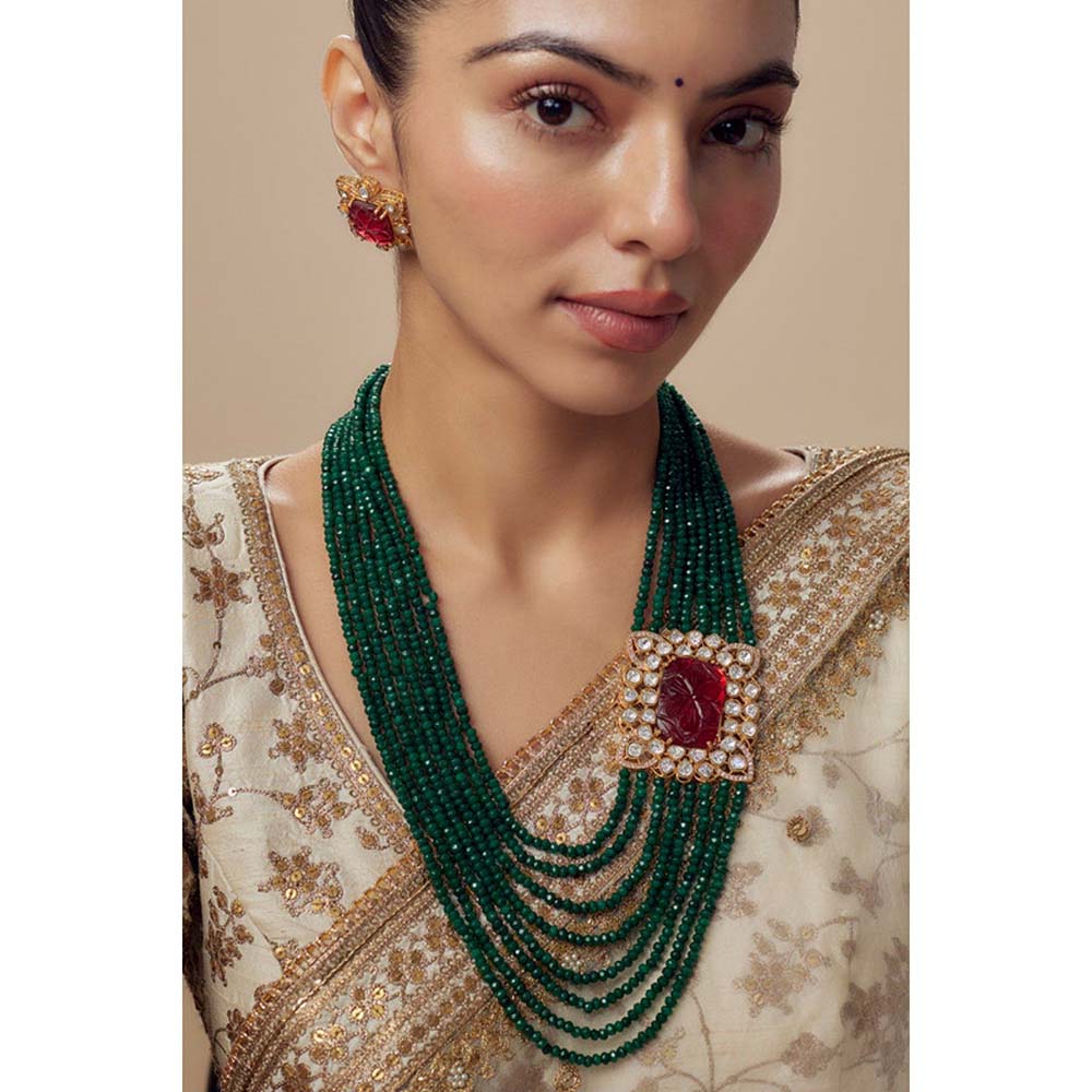 VIVINIA By Vidhi Mehra Antara Gold Plated Green Womens Kundan Polki Mala Necklace Set