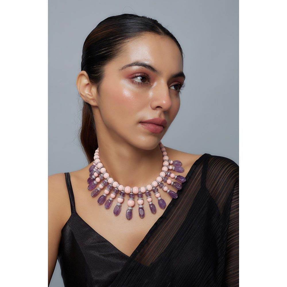 VIVINIA By Vidhi Mehra Florence Pink And Purple Womens Beaded Short Necklace Set
