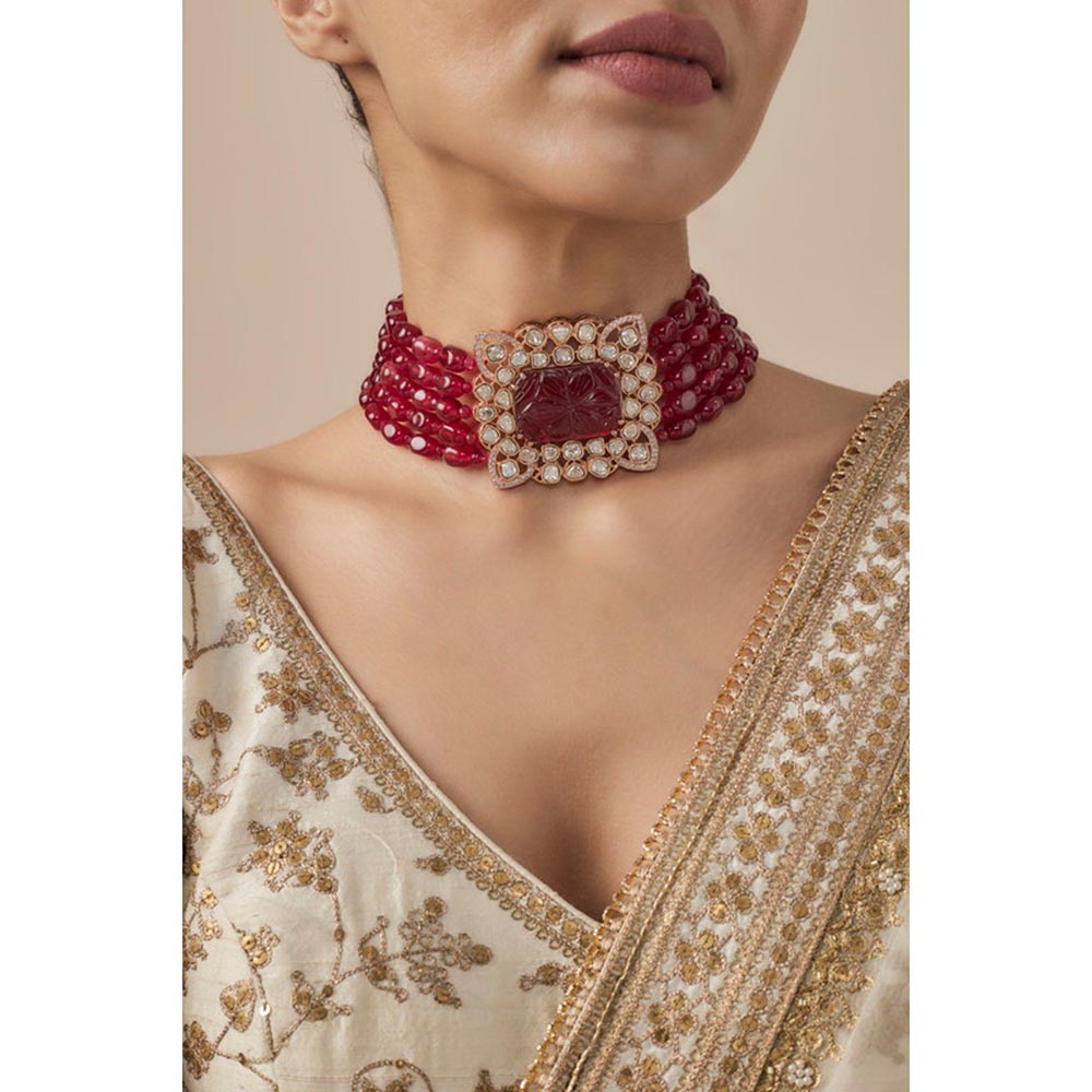 VIVINIA By Vidhi Mehra Antara Gold Plated Red Womens Beaded Choker Necklace Set