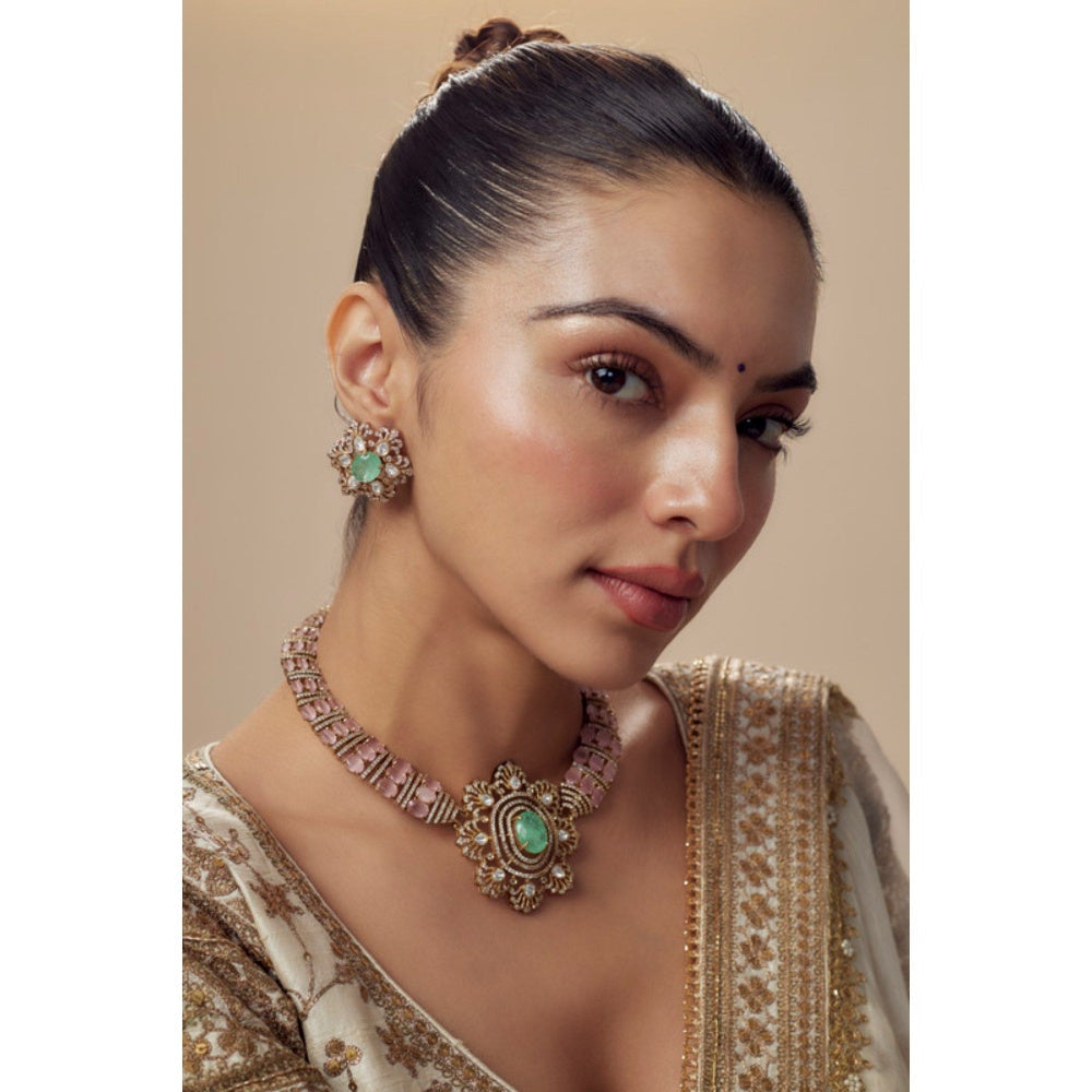 VIVINIA By Vidhi Mehra Florence Gold Plated Green Womens Kundan Polki Short Necklace Sets