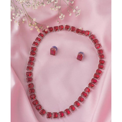 VIVINIA By Vidhi Mehra Silver Plated Red Womens Short Necklace Set With Earrings