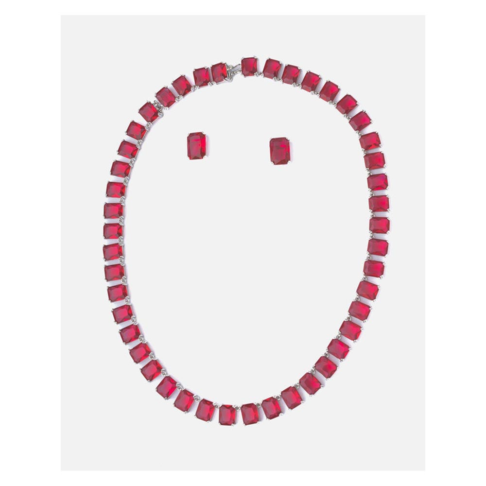 VIVINIA By Vidhi Mehra Silver Plated Red Womens Short Necklace Set With Earrings