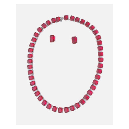 VIVINIA By Vidhi Mehra Silver Plated Red Womens Short Necklace Set With Earrings