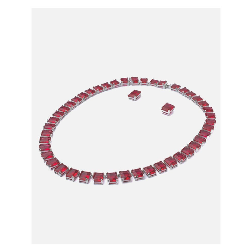 VIVINIA By Vidhi Mehra Silver Plated Red Womens Short Necklace Set With Earrings