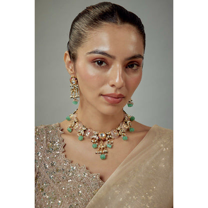 VIVINIA By Vidhi Mehra Saadgi Gold Plated Green Kundan Polki Womens Short Necklace Sets