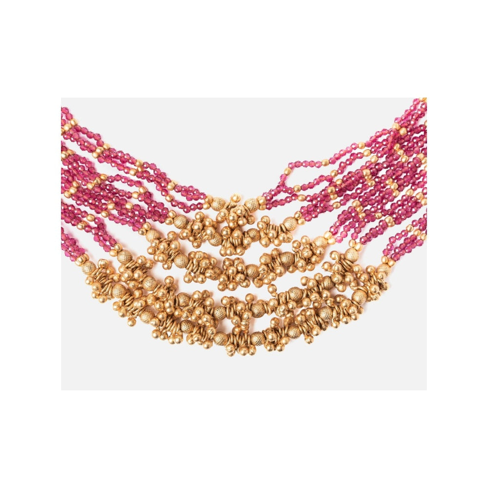 VIVINIA By Vidhi Mehra Isvaraah 2.0 Gold Plated Pink Long Necklace Set With Earrings